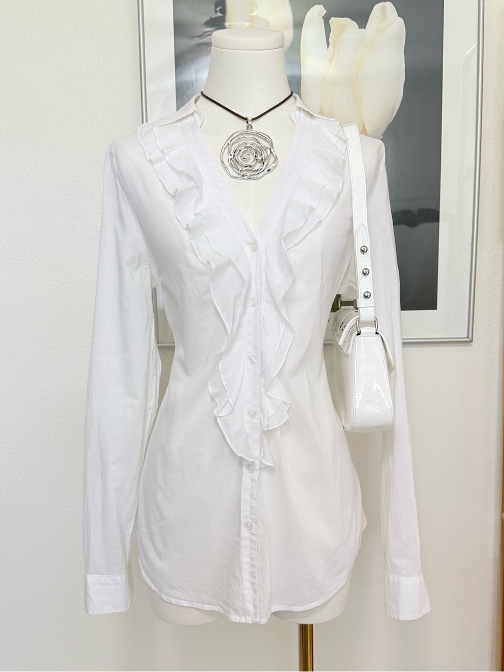 Y2K Express Ruffle Trim Fitted Button Down Shirt Boho Fairy Whimsygoth